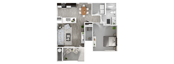 A top-down view of a modern apartment layout with a kitchen, living room, and bedrooms.