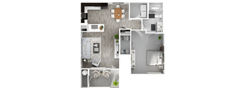 A top-down view of a modern apartment layout with a kitchen, living room, and bathroom.