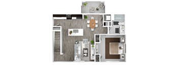 A top-down view of a modern apartment layout with a kitchen, living room, and bedroom.