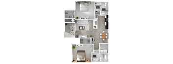 A floor plan of a house with multiple rooms and furniture layouts.