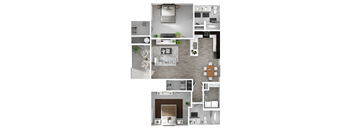 A floor plan of a modern apartment with a living room, kitchen, and bedrooms.