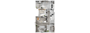 A floor plan of a house with a kitchen, living room, dining room, and bedrooms.