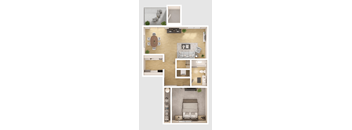 A floor plan of a house with a kitchen, living room, dining room, and bedrooms.