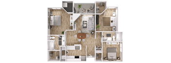 A detailed 3D floor plan of a small apartment.