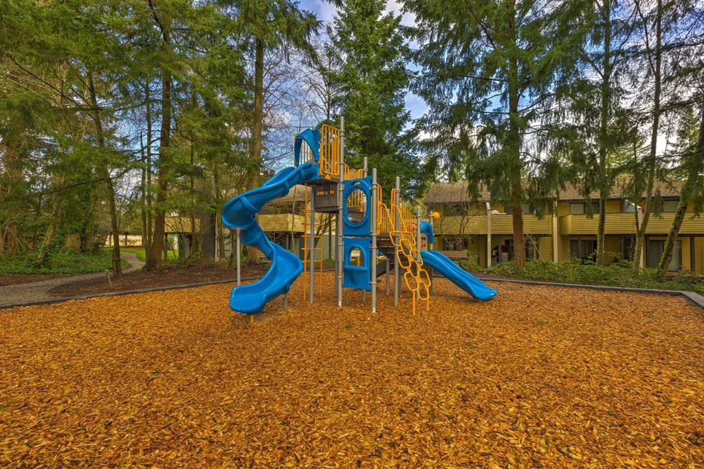 A playground with a blue slide and yellow climbing frame.