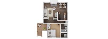 A top-down view of a small apartment with a bedroom, living room, and kitchen.