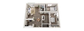 A top-down view of a small apartment with a kitchen, living room, and bedroom.