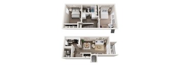 A top and bottom floor plan of a house with a kitchen, living room, and bedrooms.