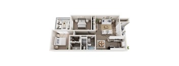 A top-down view of a house layout with a living room, kitchen, and bedrooms.