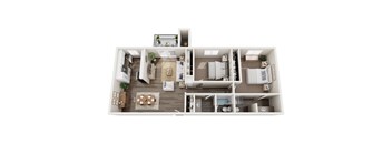 A top-down view of a modern apartment layout with a kitchen, living room, dining area, and bathroom.