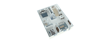 A 3D floor plan of a house with multiple rooms and furniture.