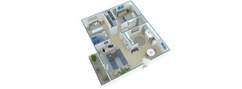 A 3D rendered image of a house layout.