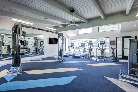 A gym with a variety of equipment including treadmills, weights, and exercise bikes.