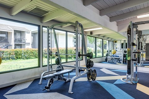 A gym with a view of apartment buildings outside the window.