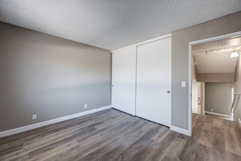 A room with a white closet and wooden floors.