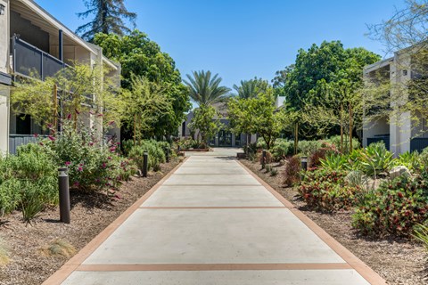 A long concrete pathway leads through a landscaped area with trees and shrubs on either side.