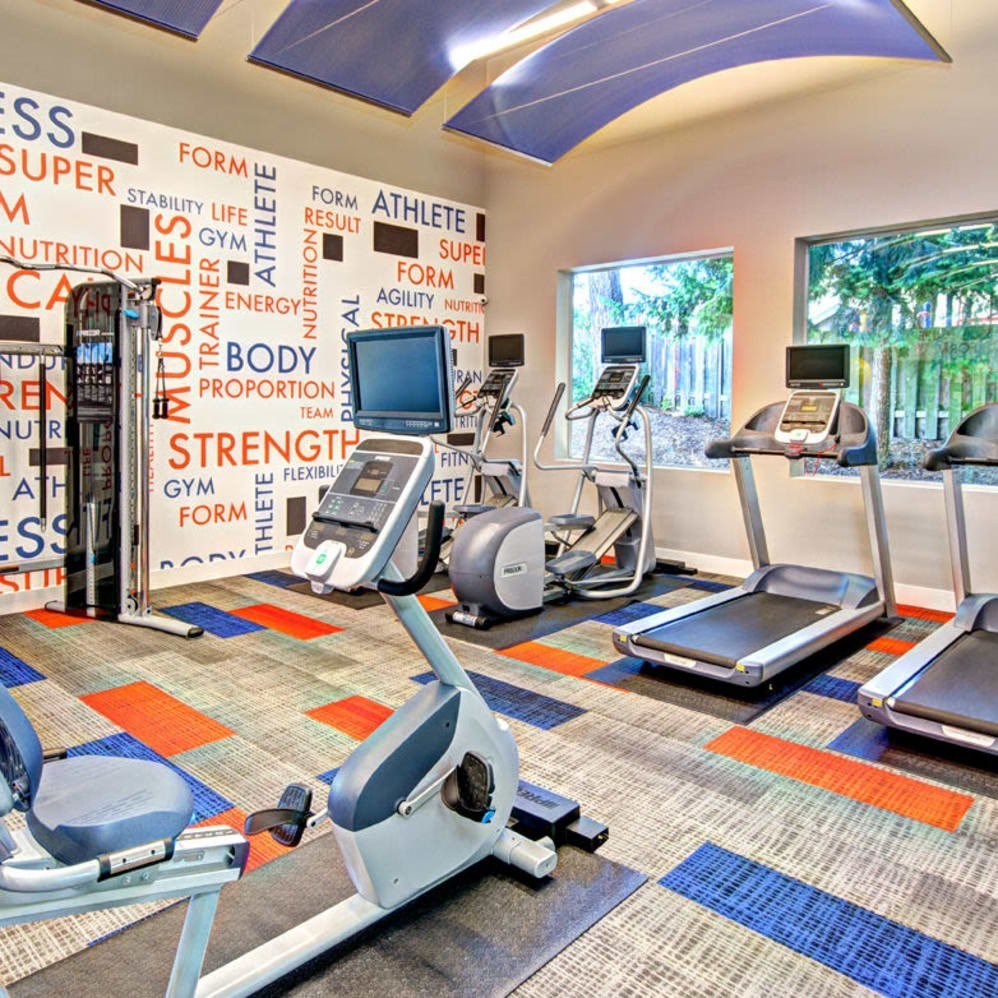 A gym with a variety of equipment including treadmills, stationary bikes, and weight machines.