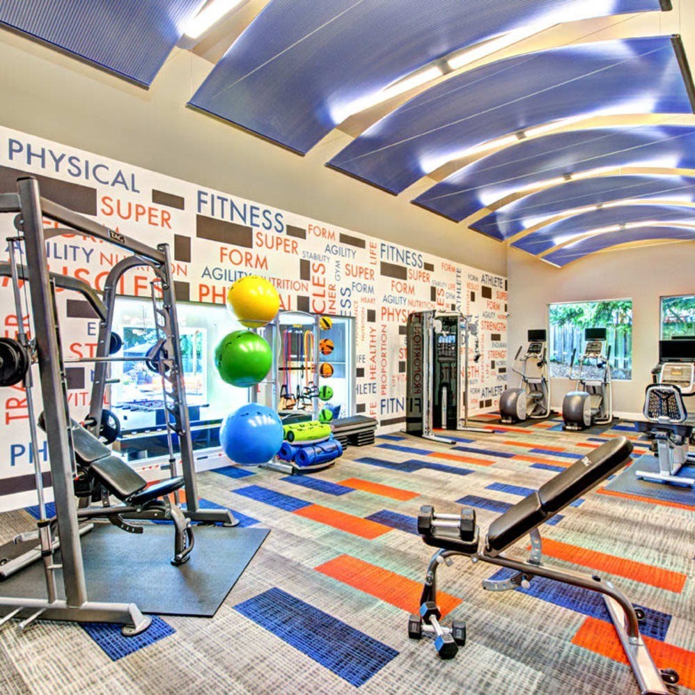 A gym with a variety of equipment and a colorful floor.