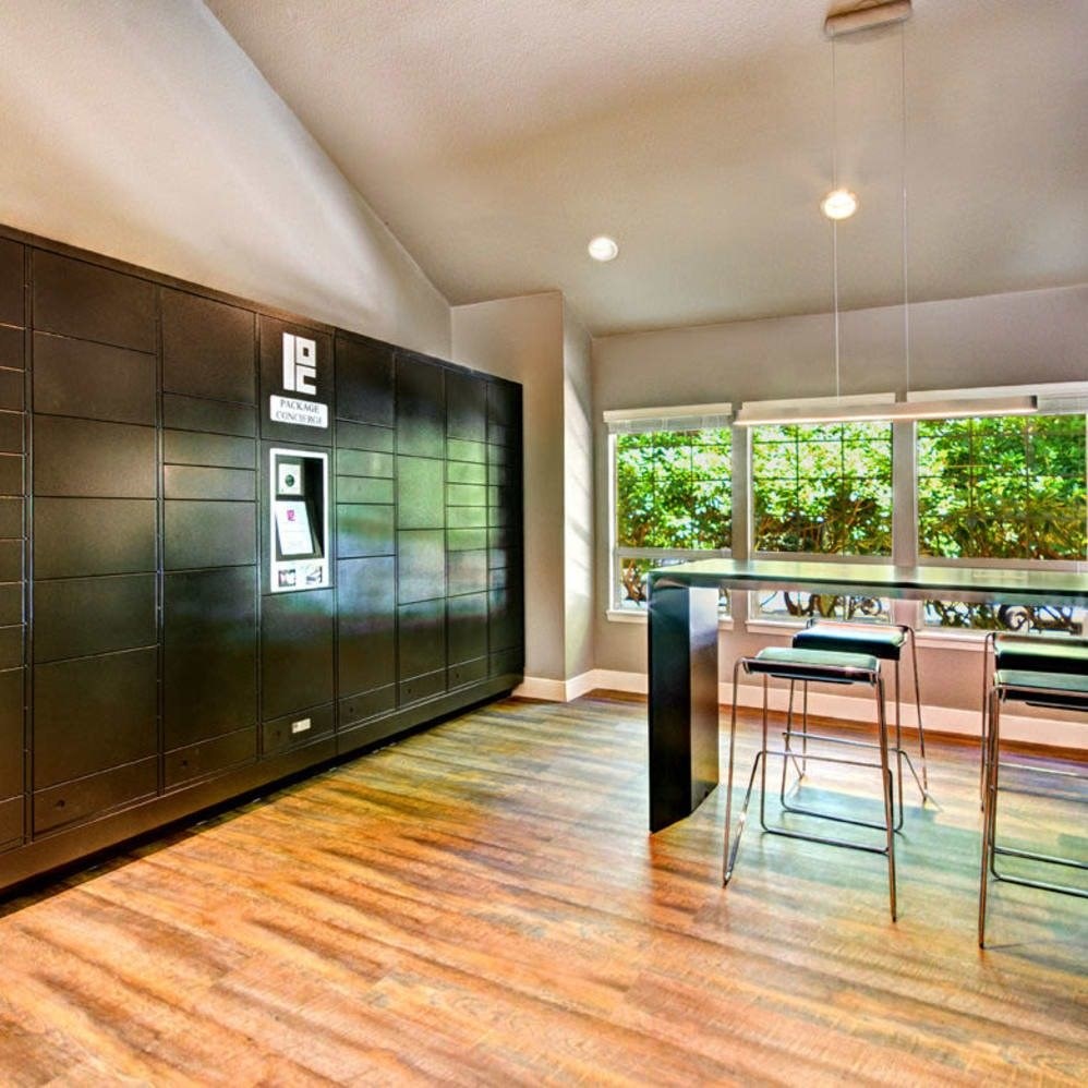 A room with a parking sign on the wall.