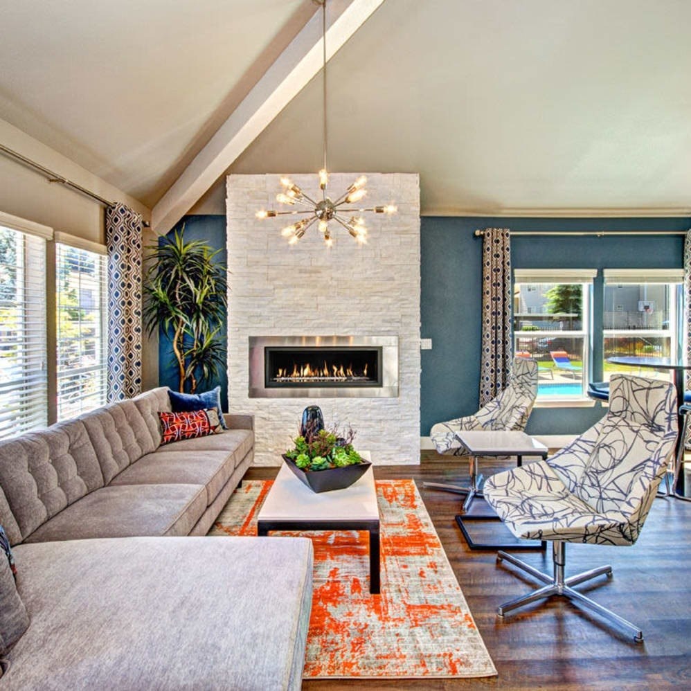 A living room with a grey sofa, a fireplace, and a rug.