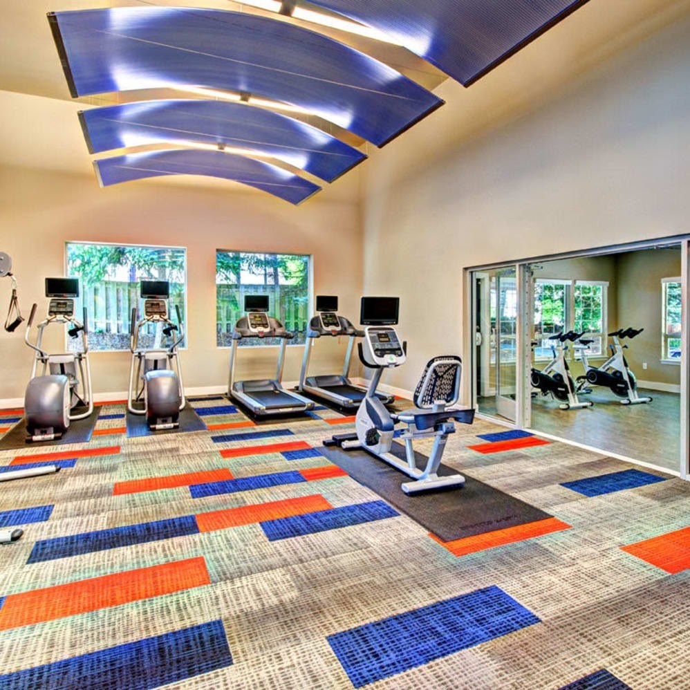 A gym with a variety of equipment including treadmills, stationary bikes, and weight machines.