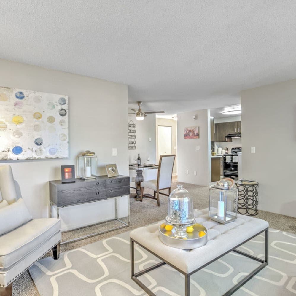 A living room with a grey sofa and a grey coffee table with a glass jar on it.