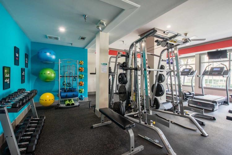 A gym with a variety of equipment including weights and cardio machines.