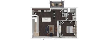 A top-down view of a small apartment with a kitchen, living room, and bedroom.