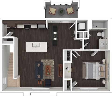 A top-down view of a small apartment with a kitchen, living room, and bedroom.