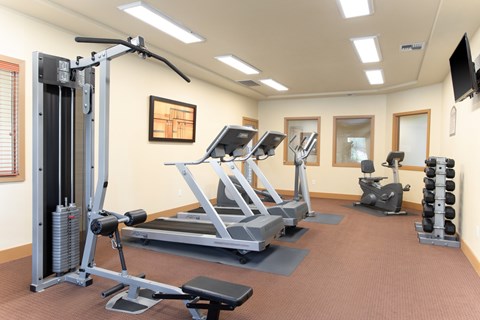 A gym with a variety of equipment including a treadmill, weights, and a television.