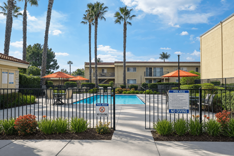 A pool surrounded by a black fence with a sign that says "No Diving".