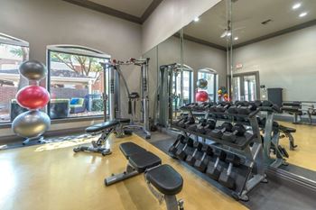 A gym with a variety of equipment including a bench, weights, and a mirror.