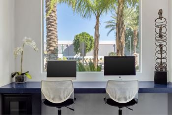 Two computer monitors are on a desk with a view of palm trees outside the window.