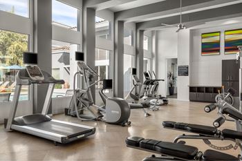 A gym with treadmills, exercise bikes, and other equipment.