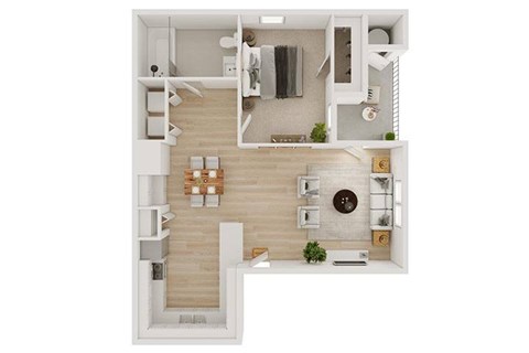 A white interior design of a house with a kitchen, living room, and dining area.