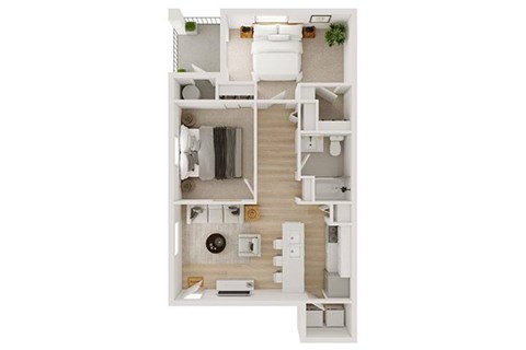 A top-down view of a small apartment with a kitchen, living room, and bathroom.