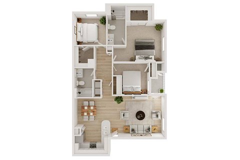 A floor plan of a house with a kitchen, living room, dining room, and two bedrooms.