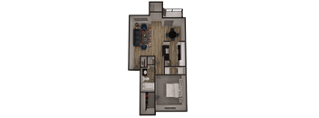 A top-down view of a small apartment with a kitchen, living room, and bathroom.