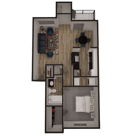 A top-down view of a small apartment with a kitchen, living room, and bathroom.
