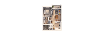A top-down view of a small apartment with a kitchen, living room, and bathroom.