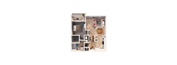 A top-down view of a small apartment with a living room, kitchen, and bedroom.