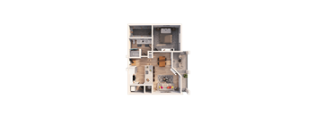 A top-down view of a house layout with a kitchen, living room, and bathroom.