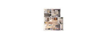 A top-down view of a house layout with a kitchen, living room, and bathroom.