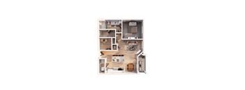 A top-down view of a house layout with a kitchen, living room, and bathrooms.