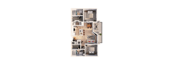 A detailed 3D floor plan of a house showing all rooms and their layouts.