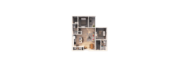 A detailed floor plan of a small apartment with a kitchen, living room, and bedrooms.