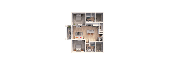 A 3D floor plan of a house with a kitchen, living room, and bedrooms.