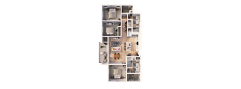 A top-down view of a house layout with multiple rooms.