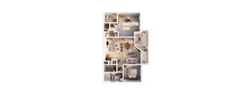 A 3D rendered image of a house layout.