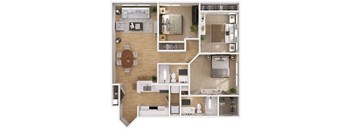 A top-down view of a house layout with a kitchen, living room, bedrooms, and bathrooms.